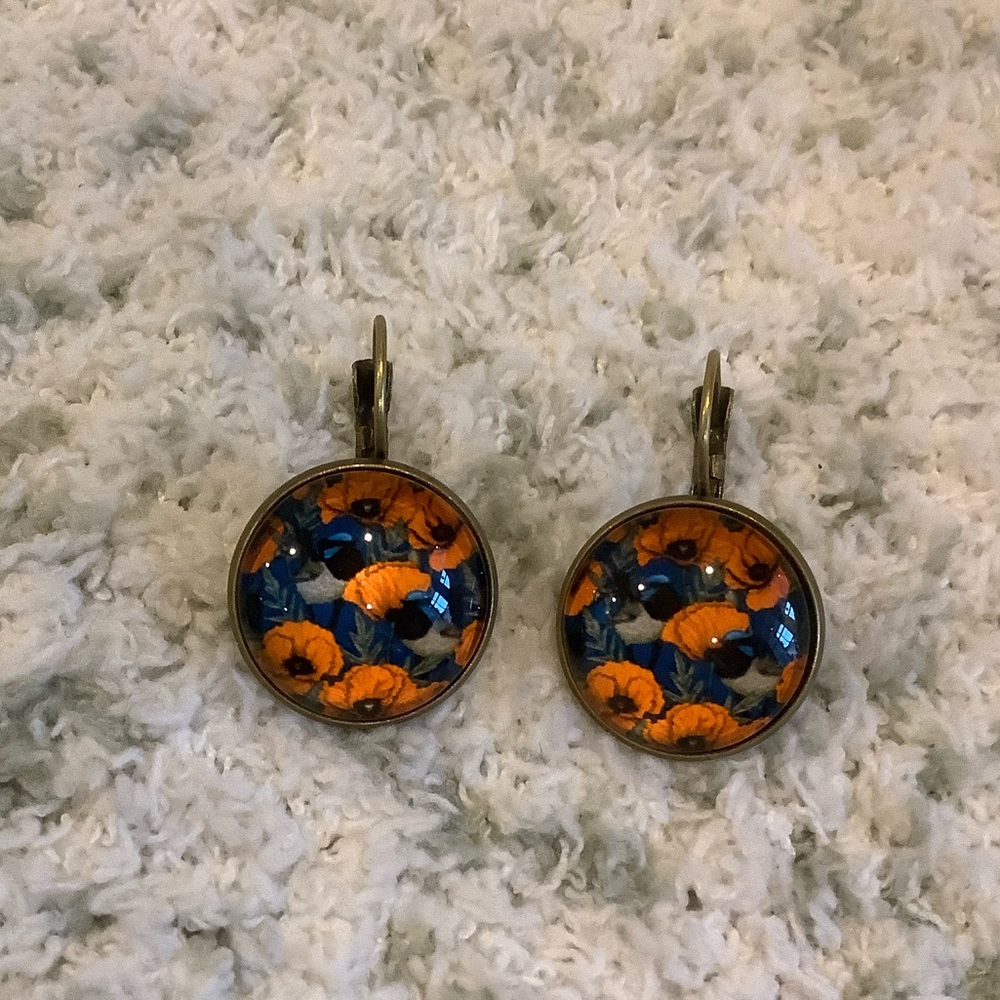 California Poppy Floral Glass Cabochon Pierced Earrings NWT Handcrafted .75”